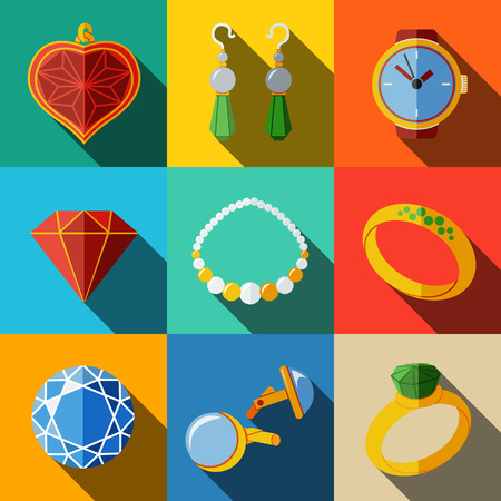 Jewelry colorful flat icons set with long shadow - rings, diamonds, watch, earrings, pendant, cuff links, necklace. Vector illustrationのイラスト素材