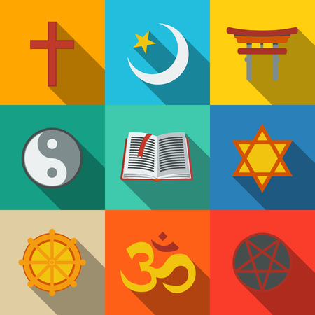 World religion symbols flat set with - christian and Jewish, Islam, Buddhism, Hinduism, Taoism, Shinto, pentagram, and book as symbol of doctrine.のイラスト素材