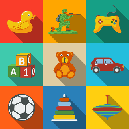 Toys flat long shadow icons set with - car and duck, bear, pyramid, ball, game controller, blocks, whirligig, soldier. Vector illustrationのイラスト素材