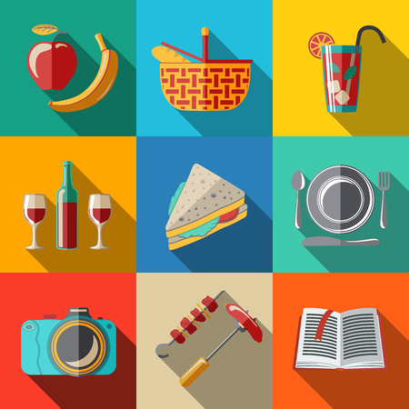 Flat icons set - picnic - basket, plate with spoon, sandwich, photo camera, wine, glass with cocktail, apple and banana, BBQ, book. Vector illustrationのイラスト素材