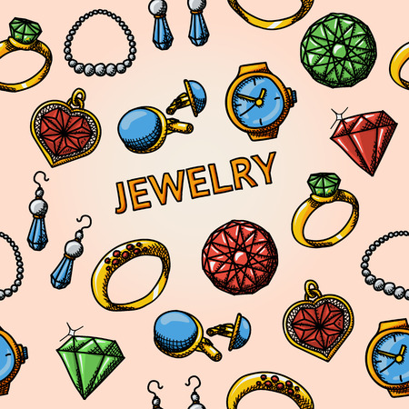 Seamless jewelry handdrawn pattern with- rings and diamonds, watch, earrings, pendant, cuff links, necklace. Vector illustrationのイラスト素材