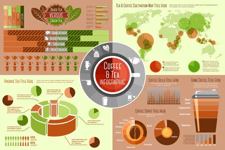 Set of Coffee and Tea Infographic elements with icons, different charts, rates etc. Vector illustrationのイラスト素材