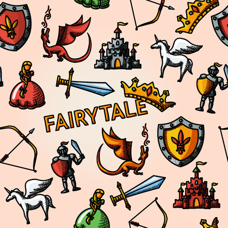 Color hand drawn fairytale pattern with - sword and bow, shield and knight, dragon, princess, crown, unicorn, castle. Vectorのイラスト素材