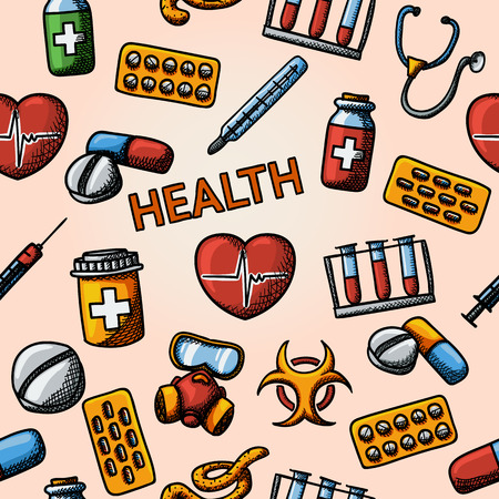 Seamless health handdrawn pattern with - stethoscope, heart, thermometer, pills, bio hazard sign, syringe, test-tubes, gas mask. Vector illustrationのイラスト素材