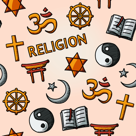 World religion hand drawn seamless pattern with - christian, Jewish, Islam, Buddhism, Hinduism, Taoism, Shinto, and book as symbol of doctrine.のイラスト素材
