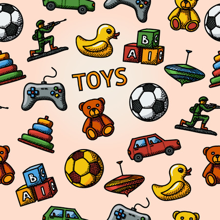 Seamless toys handdrawn pattern with - car and duck, bear and pyramid, ball, game controller, blocks, whirligig, soldier. Vector illustrationのイラスト素材