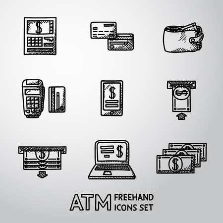 Set of freehand ATM icons with - ATM, cards and wallet, portable atm, smartphone, money transfer, notebook, bills. Vector illustrationのイラスト素材