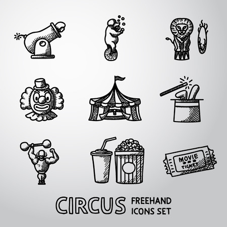 Set of CIRCUS freehand icons with - clown, cannon, bear, lion, magician hat, strongman, ticket, cola and popcorn. Vector illustrationのイラスト素材