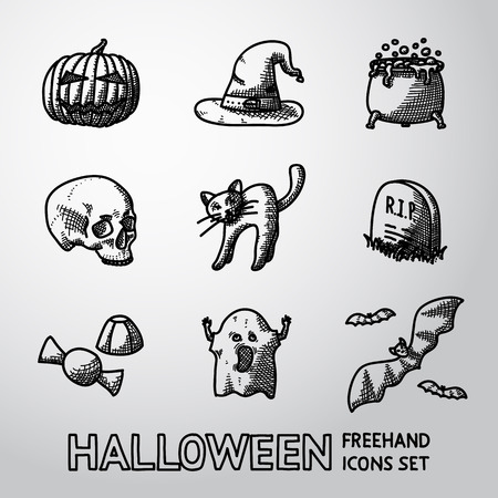 Set of freehand HALLOWEEN icons -pumpkin and witch hat, cauldron and skull, cat, grave, candy, ghost, bats. Vector illustrationのイラスト素材