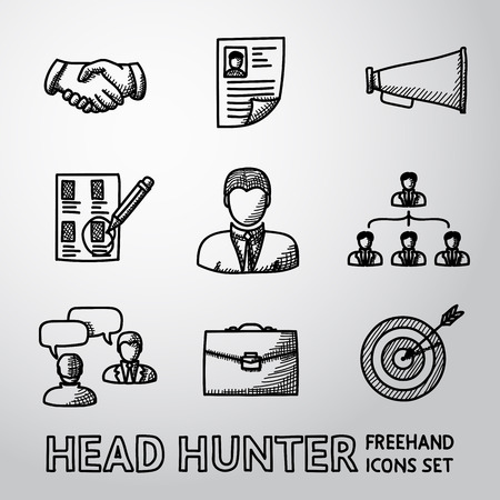 Set of handdrawn Head Hunter icons with - handshake, resume, mouthpiece, choice, employee, hierarchy, interview, portfolio, target with arrow in center. Vector illustrationのイラスト素材
