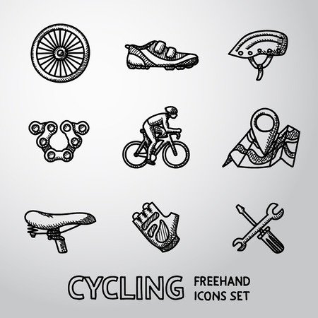 Set of Cycling freehand icons with - wheel, shoe and helmet, chain, cyclist, map with gps, saddle, glove, repair tools. Vector illustrationのイラスト素材