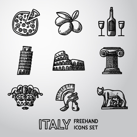 Set of Italy freehand icons - pizza and olives, wine, Pisa Tower, Colosseum, Column, venecian mask, Legionnaires Helm, Lupa Capitolina. Vector illustrationのイラスト素材