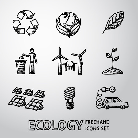 Set of handdrawn ECOLOGY icons with - recycle sign, green earth, leaf, garbage disposal, wind power station, plant, solar power station, light bulb, electro car. Vector illustrationのイラスト素材