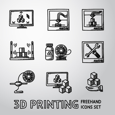 Set of handdrawn 3D Printing icons with - printers, pc with 3d app, scanner, printing process, maintaining, plastic. Vector illustrationのイラスト素材
