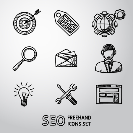 Set of SEO handdrawn icons - target with arrow, tag and world, magnifier, mail, support, idea, instruments, site. Vector illustrationのイラスト素材