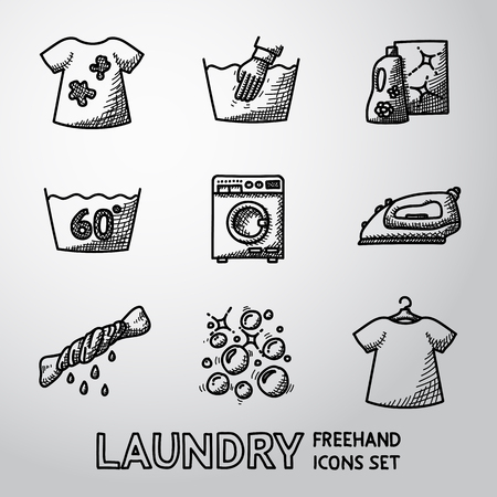 Set of Laundry icons with - clean and dirty shirts, hand washing, washing machine, iron, bleach, bubbles.のイラスト素材