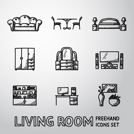 Set of Living Room icons with - sofa, dining table, bed, cupboard, mirror, tv, bookshelf, working table, vases with picture.のイラスト素材