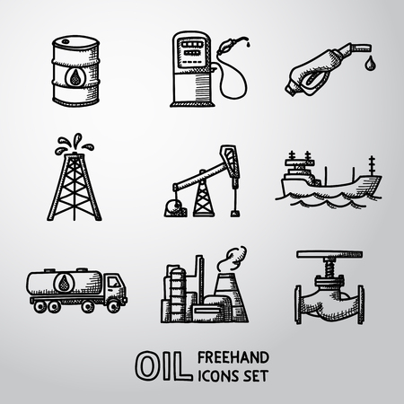 Set of  oil icons - barrel, gas station, rigs and tanker, oil truck, plant, valve.のイラスト素材