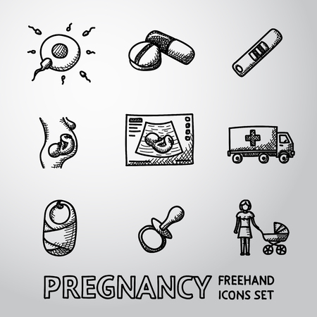 Set of  PREGNANCY icons with - egg and sperm, pills, test, womb and ultrasound, ambulance car, child, nipple, mother.のイラスト素材