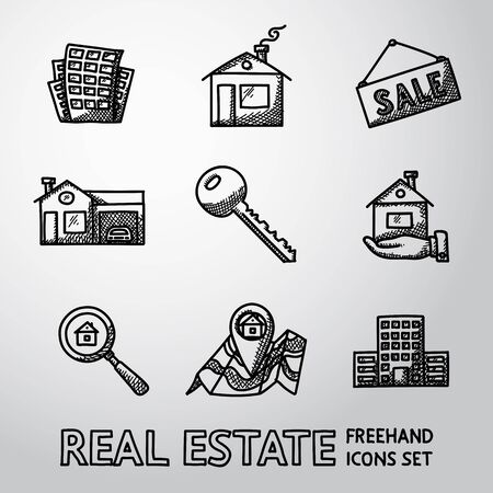 Set of REAL ESTATE icons - landscape, house, sale tag, big house, key, hand with house, search icon, map, skyscraper.のイラスト素材