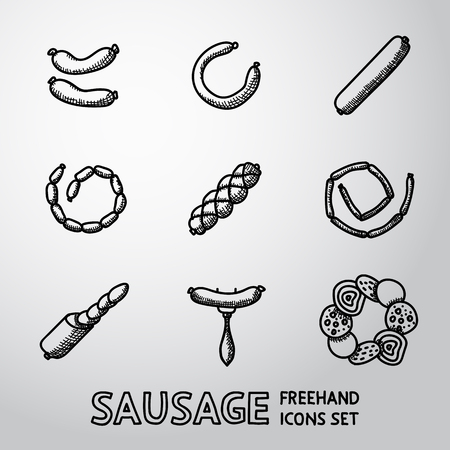 Set of Sausage icons with different shapes and types of sausages.のイラスト素材