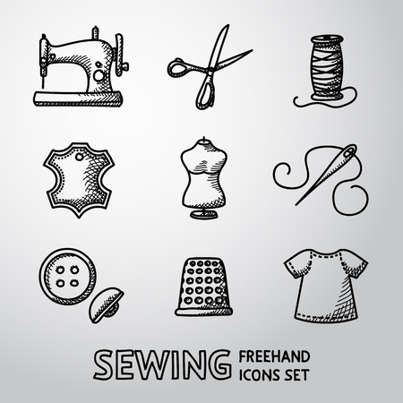 Set of sewing icons - sewing machine, scissors and thread, leather tag,mannequin, needle, buttons, thimble, fabric.のイラスト素材