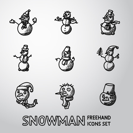 Set of Snowman icons with different shapes, hats etc.のイラスト素材