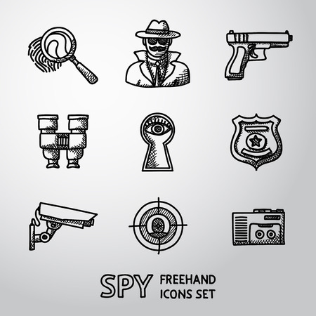 Set of Spy icons - fingerprint, spy, gun and binocular, eye in keyhole, badge, surveillance camera, rear sight, dictaphone.のイラスト素材