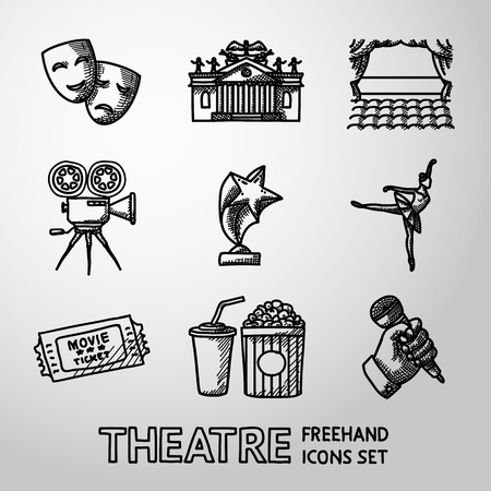 Set of Theatre icons - masks and theater, stage, cinema, award, ballet, ticket, popcorn and cola, hand with microphone.のイラスト素材