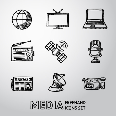 Set of media icons - news and radio, tv and internet, earth, satellite, camera, microphone.のイラスト素材
