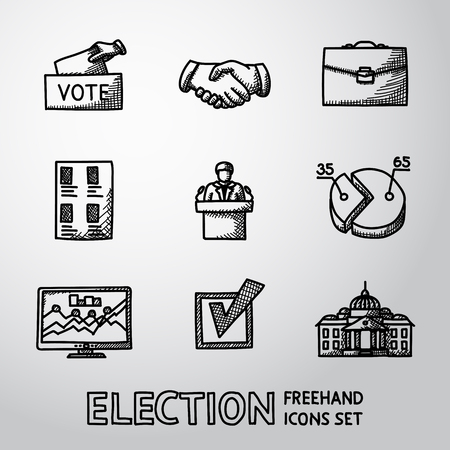 Set of ELECTION icons with - vote box, handshake, portfolio, vote list, speaking man, infographics, check box, white house.のイラスト素材
