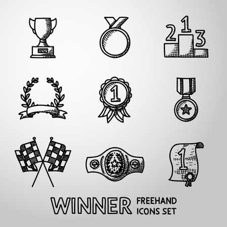 Set of winners icons - goblet, medal and wreath, race flags, belt, certificate.のイラスト素材
