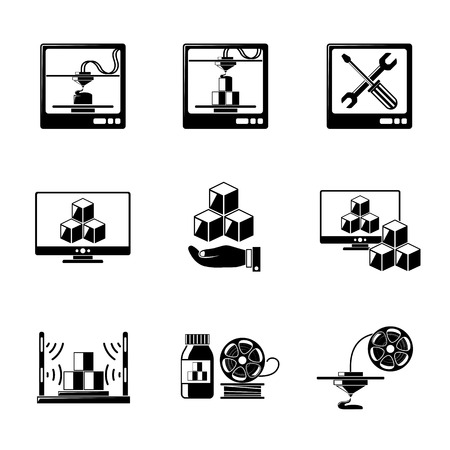 Set of 3D Printing icons with - printers, pc with 3d app, scanner, printing process, maintaining, plastic.のイラスト素材