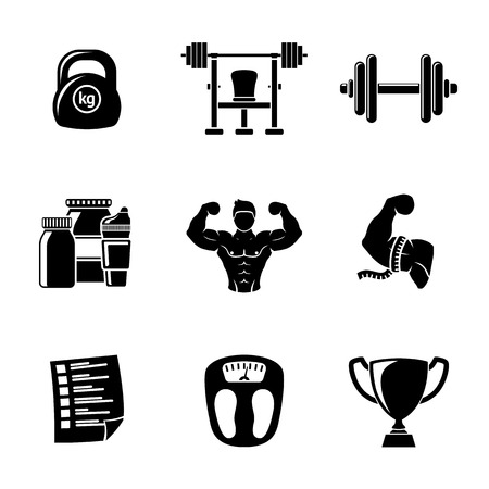 Set of Bodybuilding icons with - dumbbell and weight, bodybuilder, scales, gainer and shaker, measuring, barbell, schedule, goblet.のイラスト素材