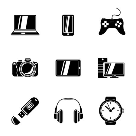 Set of GADGET icons with - notebook and phone, gamepad, photo camera, tablet, pc, flash card, headphones, watches.のイラスト素材