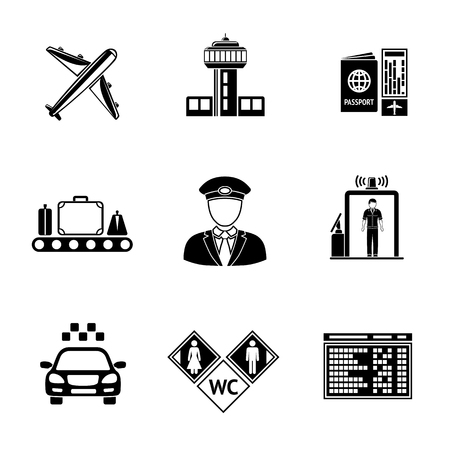 Set of AIRPORT icons with - airplane, airport, passport and ticket, luggage and pilot, gates, taxi, toilet icons, scoreboard.のイラスト素材