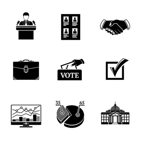 Set of ELECTION icons with - vote box, handshake, portfolio, vote list, speaking man, infographics, check box, white house.のイラスト素材