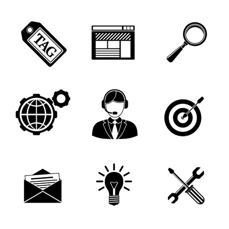Set of SEO icons - target with arrow, tag and world, magnifier and mail, support, idea, instruments, site.のイラスト素材