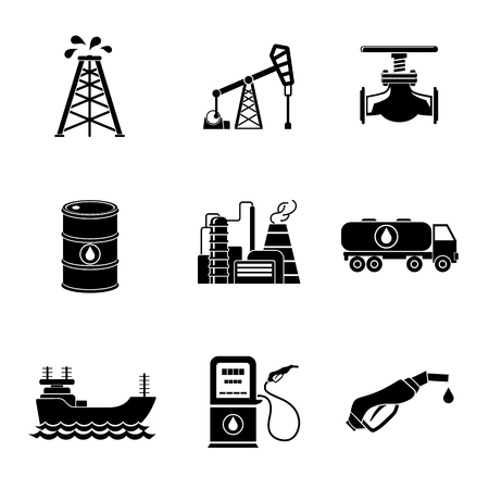 Set of oil icons - barrel, gas station and rigs, tanker, oil truck, plant, valve.のイラスト素材