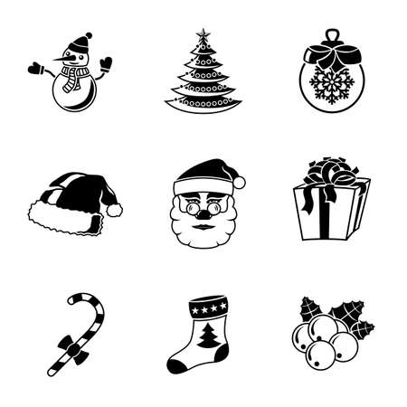 Set of CHRISTMAS icons - snowman, tree, sock and hat, Santa, candy and present, bauble, mistletoe.のイラスト素材