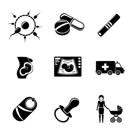 Set of PREGNANCY icons with - egg and sperm, pills and test, womb, ultrasound, ambulance car, child, nipple, mother.のイラスト素材