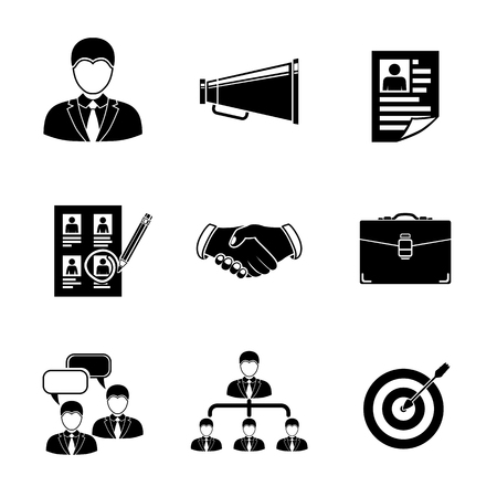Set of Head Hunter icons with - handshake, resume, mouthpiece, choice, employee, hierarchy, interview, portfolio, target with arrow in center.のイラスト素材