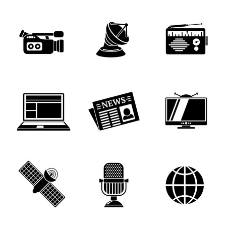 Set of media icons - news, radio, tv, internet, earth and satellite, camera and microphone.のイラスト素材