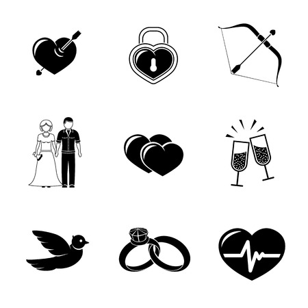 Set of Love, Amour icons with - heart with arrow, two hearts, cupid bow, couple, heart with pulse, heart locker, bird, rings, champagne.のイラスト素材