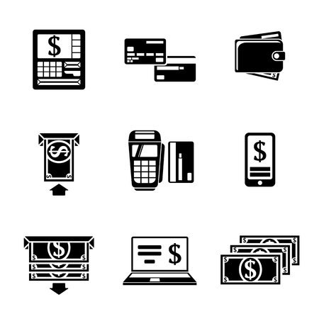 Set of ATM monochrome icons with - ATM, cards and wallet, portable atm, smartphone, money transfer, notebook, bills.のイラスト素材