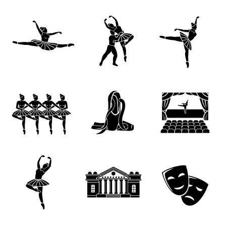 Set of Ballet monochrome icons with - ballet dancers, swan lake dance, stage, theater building, masks.のイラスト素材