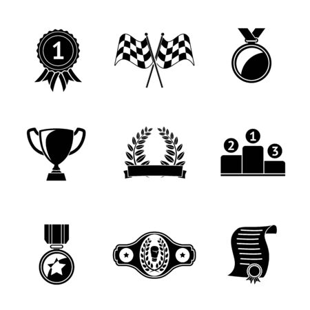 Set of winners icons - goblet, medal and wreath, race flags, belt, certificate.のイラスト素材
