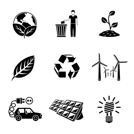 Set of ECOLOGY icons with - recycle sign, green earth, leaf, garbage disposal, wind power station, plant, solar power station, light bulb, electro car.のイラスト素材