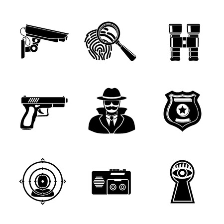 Set of Spy icons - fingerprint, spy and gun, binocular, eye in keyhole, badge, surveillance camera, rear sight, dictaphone.のイラスト素材