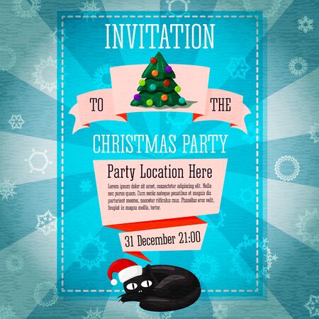 Merry Christmas cute retro party invitation or banner on the craft paper texture with christmas tree and cat in santa hat, with merry christmas greeting and place for your text. Vector illustrationのイラスト素材